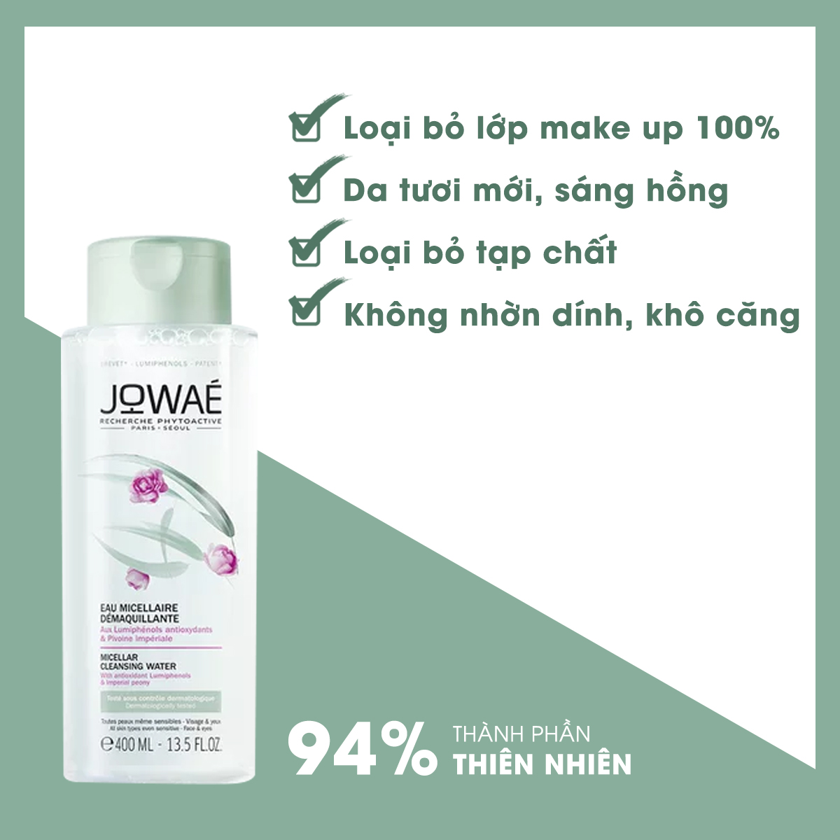 nước tẩy trang loại bỏ make up jowae 100% làm sạch da không nhờn dính và khô căng mỹ phẩm thiên nhiên nhập khẩu pháp micellar cleansing water 400ml 3