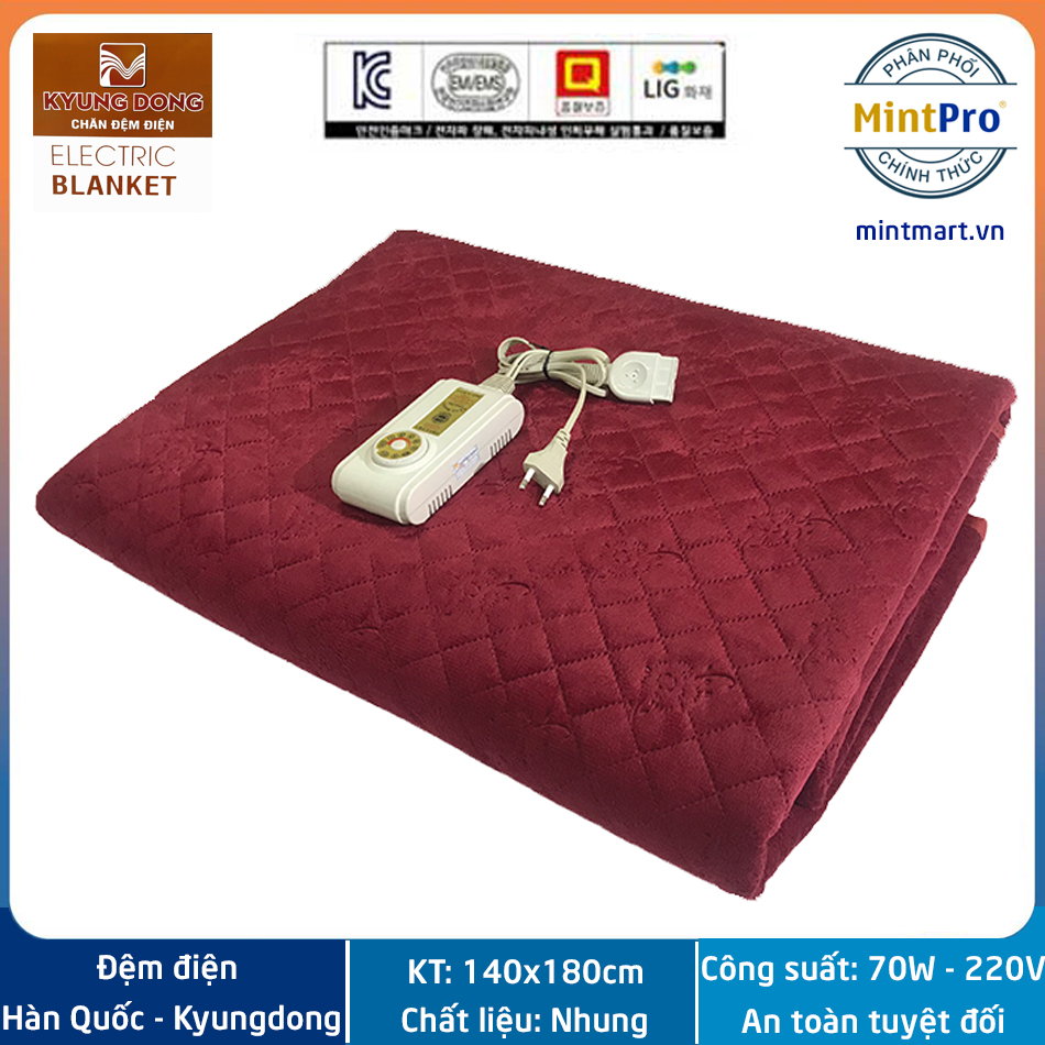 Chăn điện Hàn Quốc Kyungdong vải Nhung cao cấp kích thước 140x180cm - Bảo hành chính hãng 12 tháng