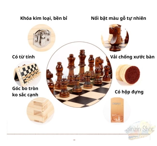 Cờ vua gỗ nam châm cao cấp 34cm (tặng kèm 2 hậu)