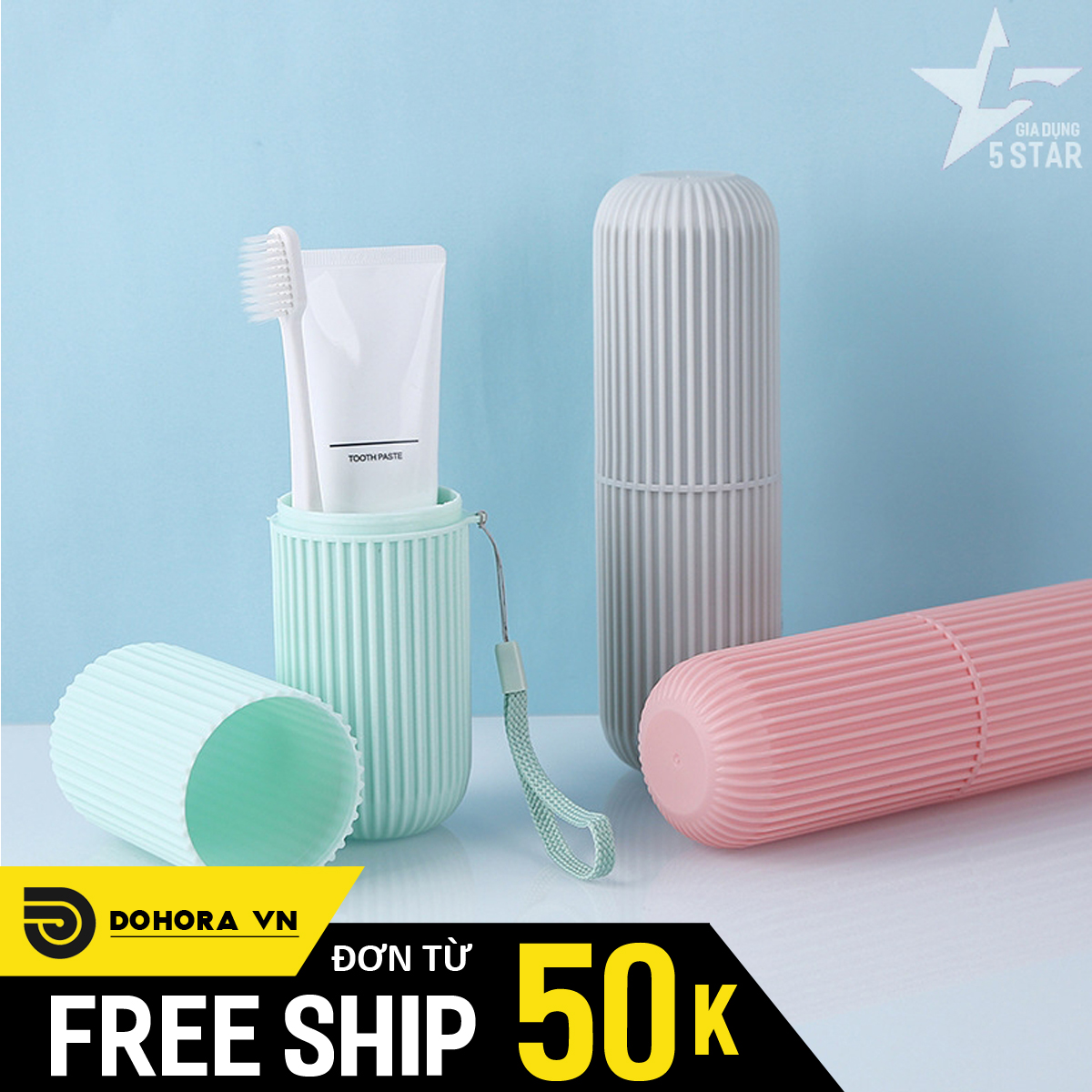Hộp, ly đựng bàn chải, kem đánh răng du lịch có nắp kèm dây treo tiện lợi vân sọc dễ thương