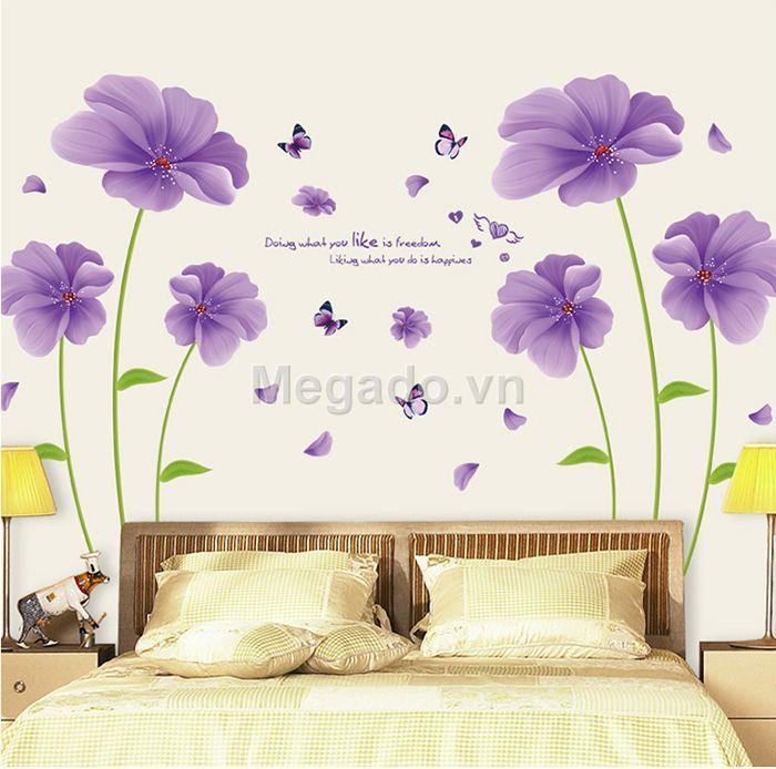 Decal tranh dán tường 2 bức hoa tím cánh to