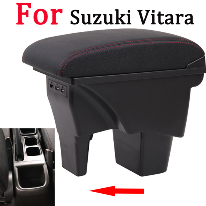 Hộp tỳ tay ô tô, xe hơi cao cấp Suzuki Vitara dạng khối tích hợp 3 cổng USB ( Màu đen chỉ đỏ)