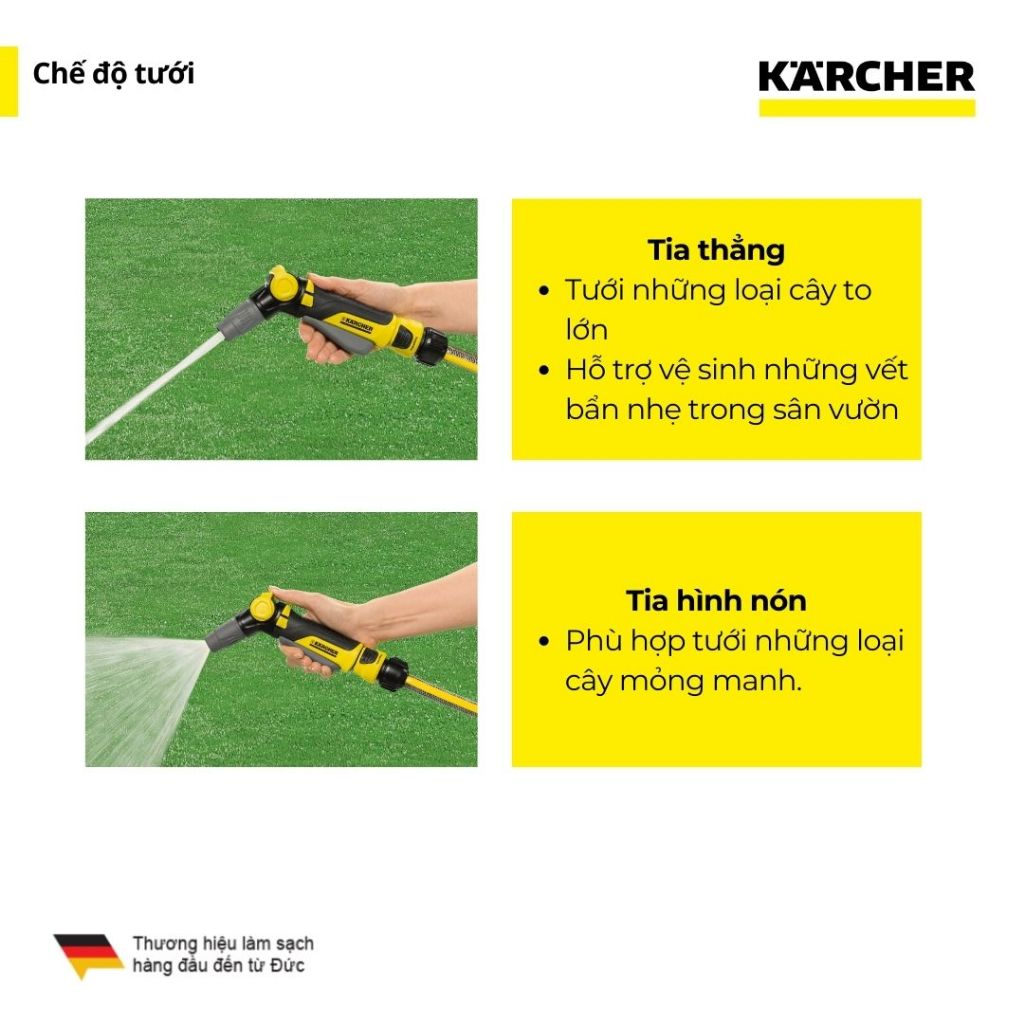 Vòi tưới cây Karcher Plus, 2 kiểu phun tia thẳng và phun hình nón, điều chỉnh lượng phun tưới, có khóa tay cầm