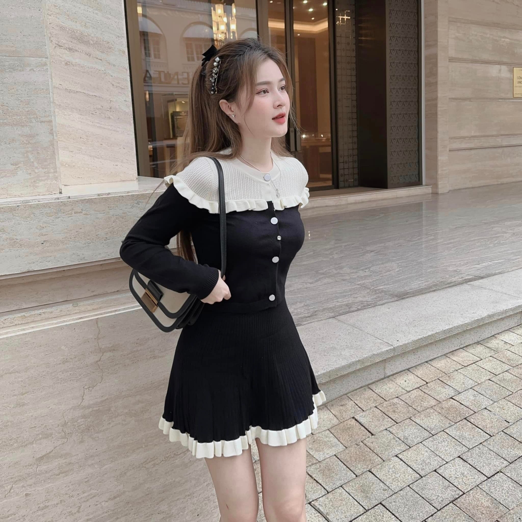 Set bộ len tăm cúc bọc cổ bèo xiêu xinh