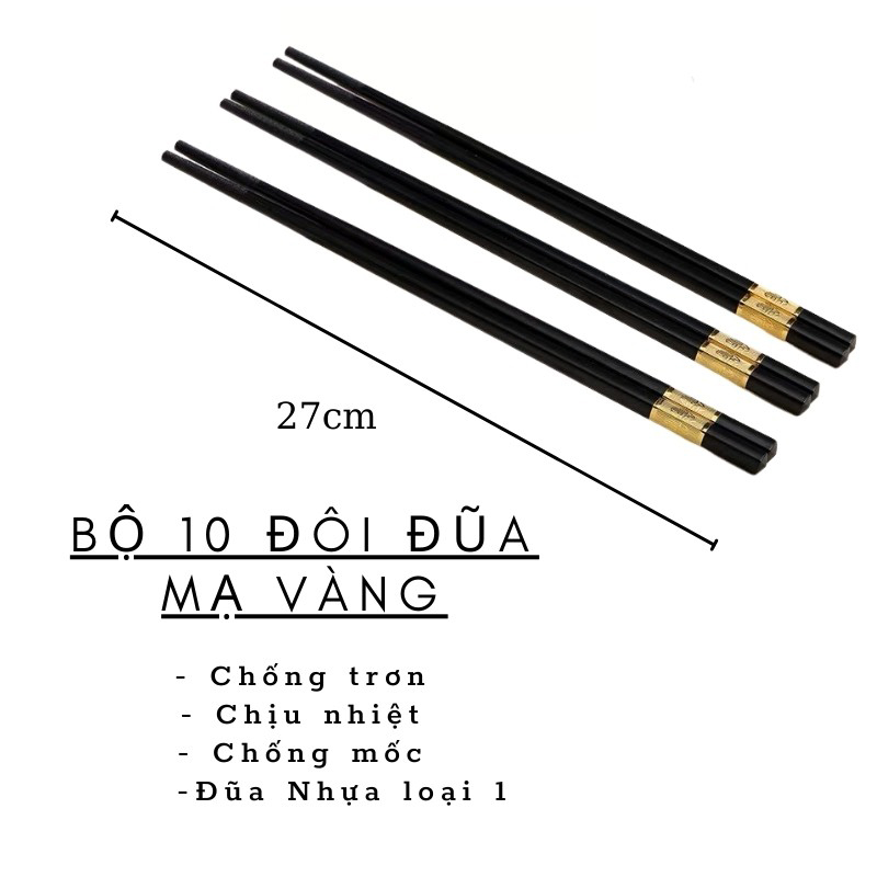 combo 10 đôi Đũa Nhựa Màu Đen IN Tem Vàng