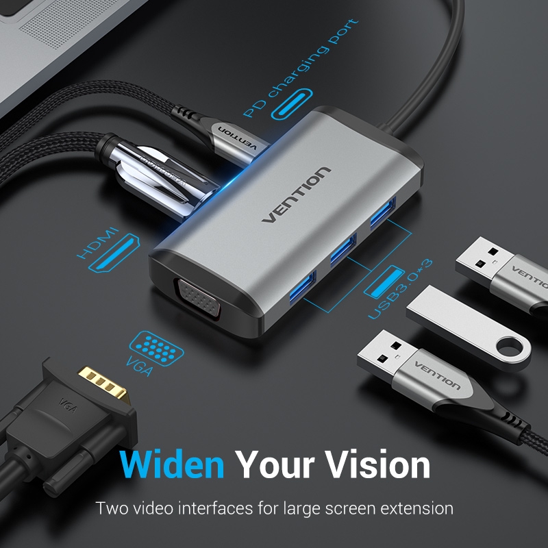 Hub Type C to HDMI, VGA Macbook - Cổng chuyển đổi HUB USB Type-C to HDMI, VGA, USB 3.0, PD Type-C sạc nhanh cho máy tính Laptop Macbook M1, điện thoại iPhone, Samsung chính hãng Vention BH 12T