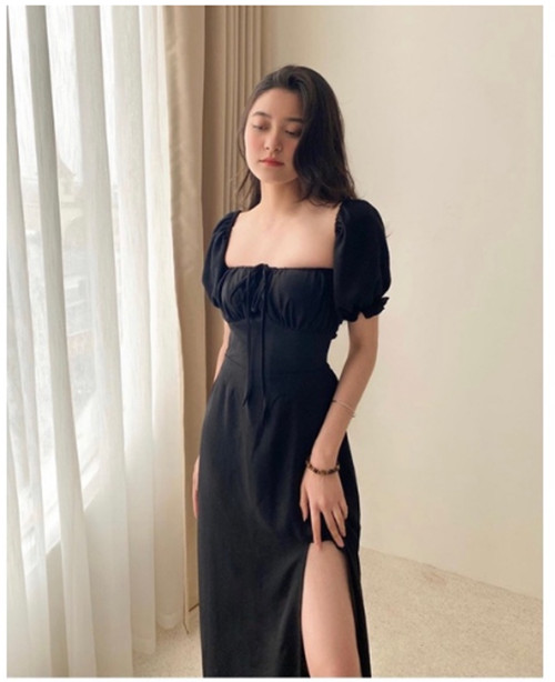 Đầm maxi rớt vai dây cổ yếm cutout lưng bo chun mặc được nhiều kiểu