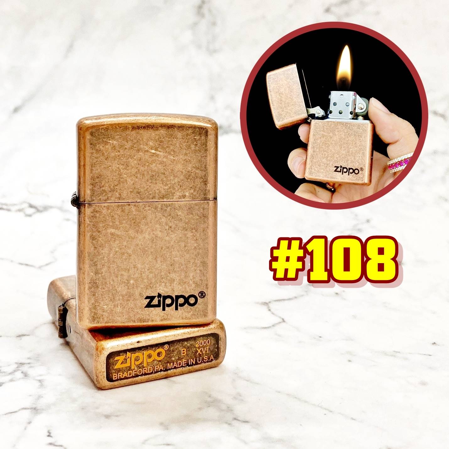 Bật lửa Zippo Vàng cổ trơn bóng Mốc đáy đời la mã 2000