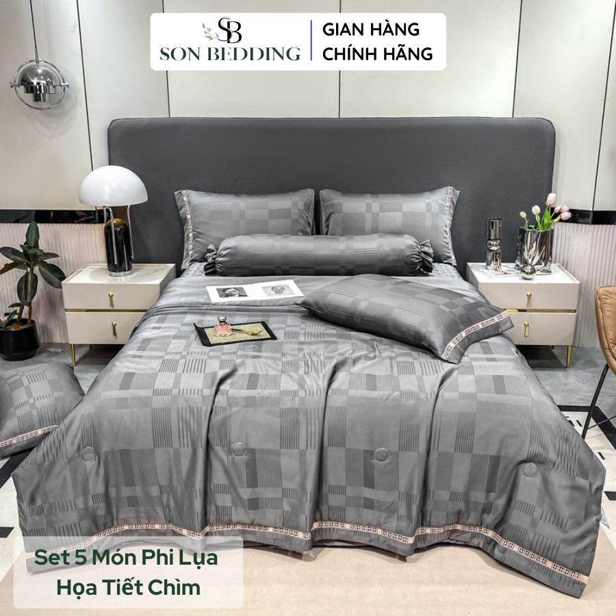Bộ chăn ga gối phi lụa 5 món, bộ chăn ga gối phi lụa cao cấp chăn chần hè mềm mịn sang trọng