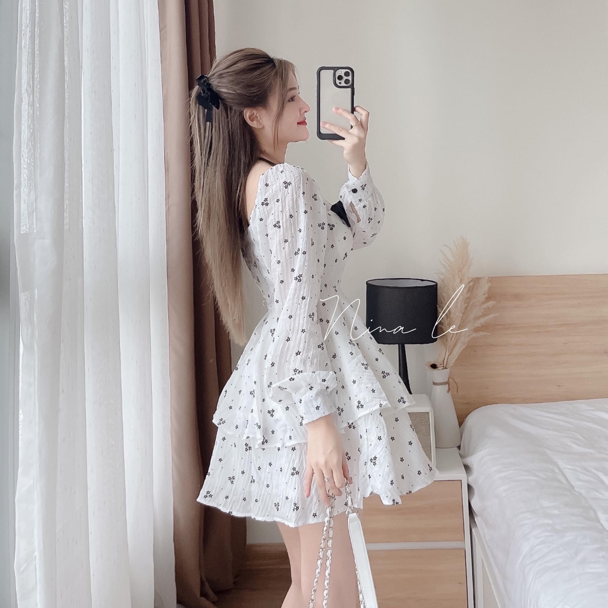 Váy tầng hoa bèo trắng cổ nơ