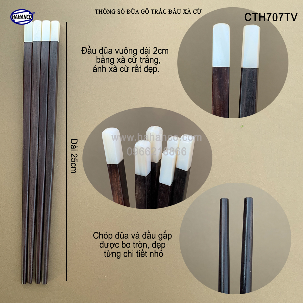 Đũa gỗ Trắc đầu xà cừ  - CTH707TV - (Hộp 10 đôi vuông) gỗ Trắc tự nhiên - Chopstick of HAHANCO