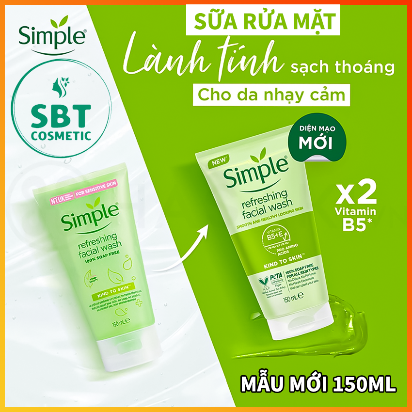 [MẪU MỚI NHẤT] Sữa Rửa Mặt Simple Refreshing Facial Wash 150ml Dạng Gel Trong Suốt – Làm Sạch Da Mặt, Lành Tính Cho Da, Gấp Đôi Vitamin B3, Phù Hợp Mọi Làn Da