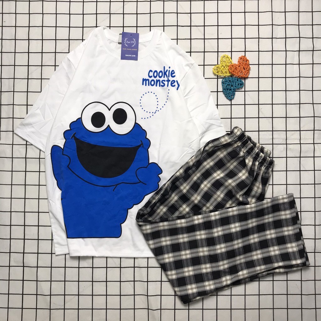 Đồ Bộ Quần Dài Ca Rô Ống Rộng + Áo Hoạt Hình Thú ELMO 3D Cartoon Siêu Hot , Đồ Bồ Mặc Nhà , Đồ Bộ Thun Coton , Đồ Bộ Đẹp TTSLB0061