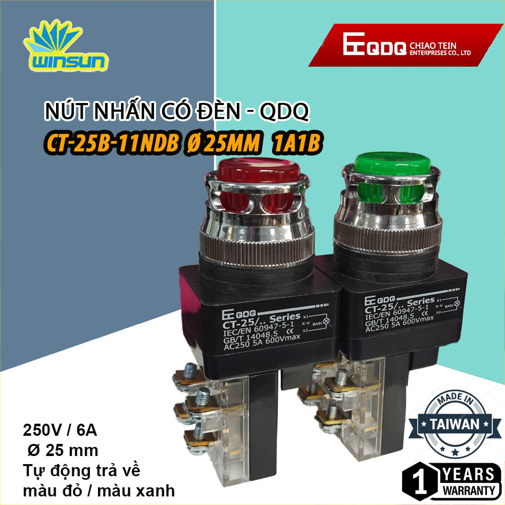 Nút nhấn nhả có đèn, không đèn Phi 25 QDQ