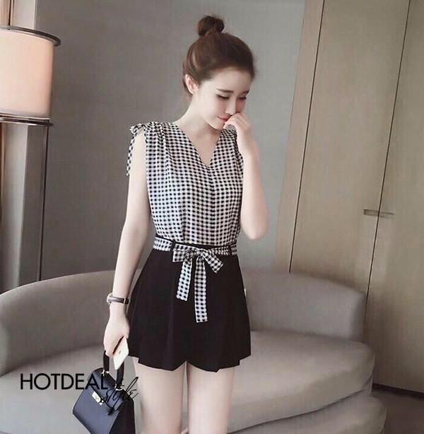[HCM]Set bộ nữ - Set áo sọc sát nách và quần short đùi xếp li cực xinh xắn [set do nu]
