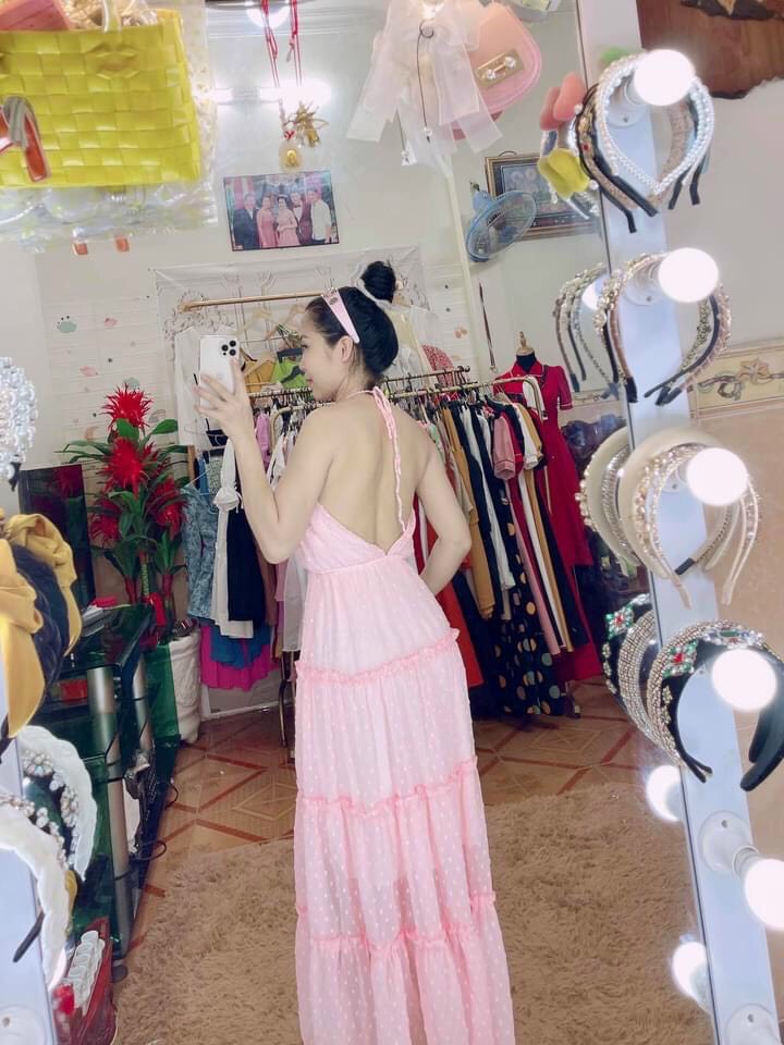 Đầm maxi cổ yếm hở lưng dáng dài + Ảnh thật