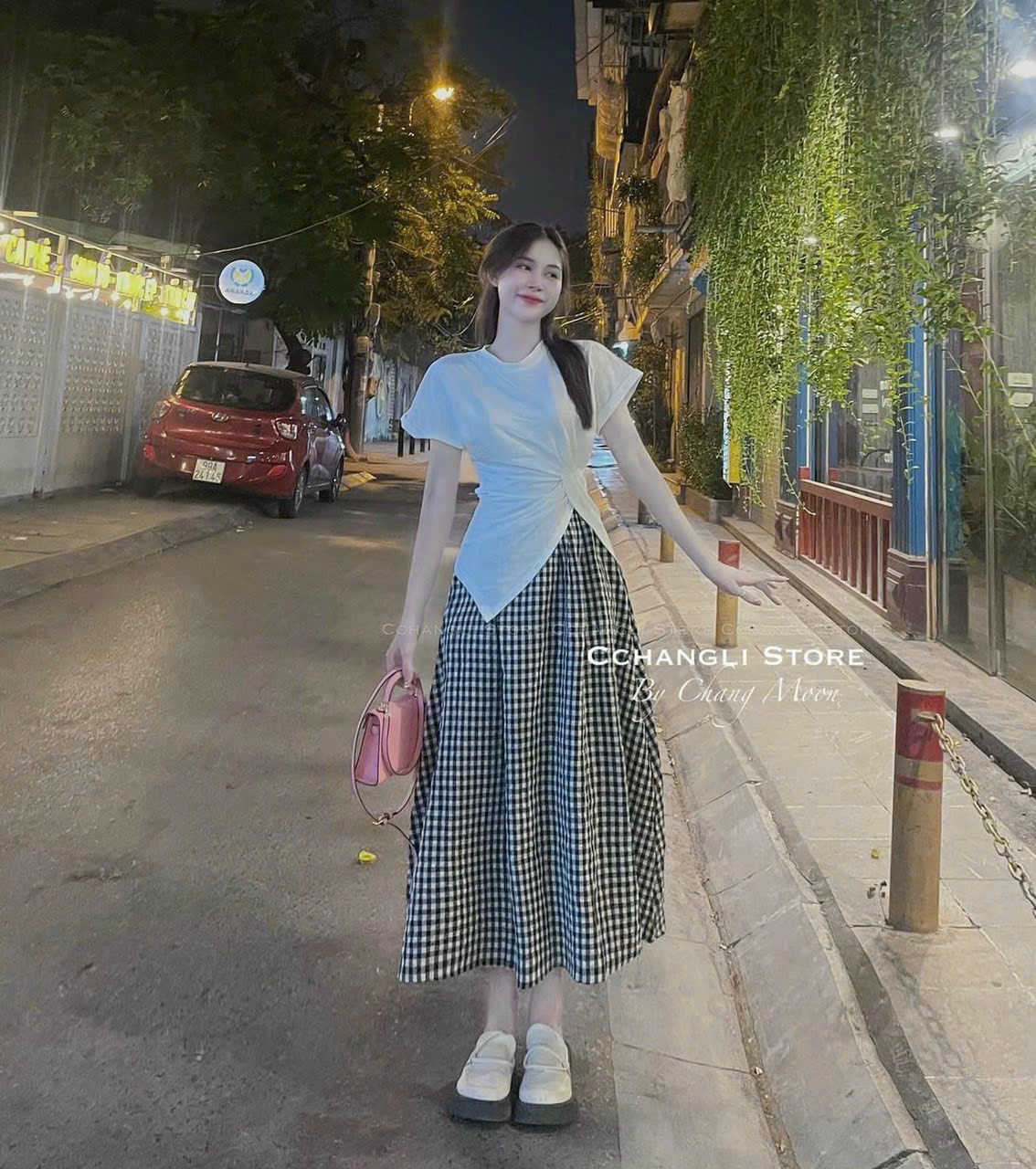 Set đồ nữ áo thun nhún eo xẻ tà tay ngắn mix chân váy bố dạ dài caro
