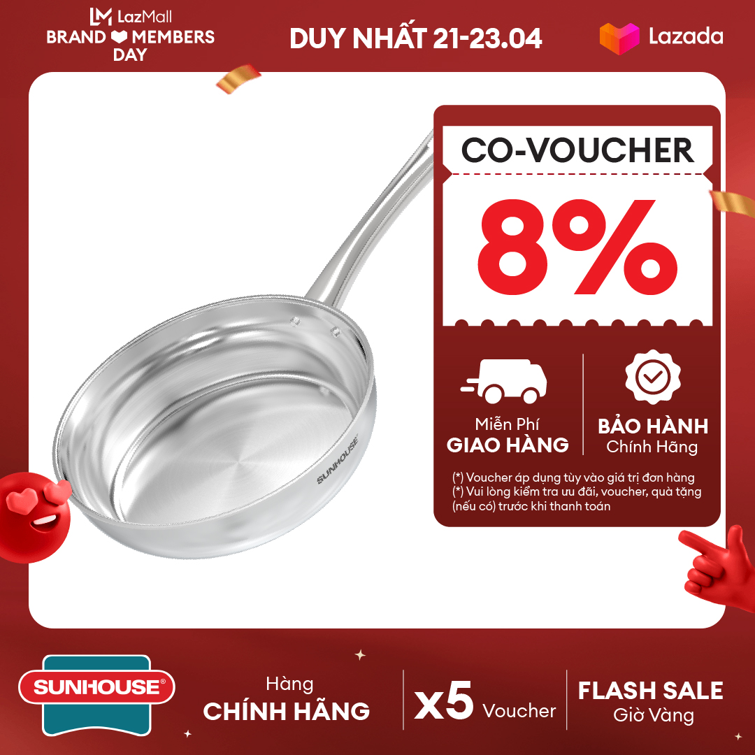 Chảo Inox Chống Dính Tự Thân Inox Liền Khối Sunhouse IN20-26M7E - Inox dày gấp bốn lần - Chống dính tự nhiên an toàn bền bỉ - Dùng mọi loại bếp