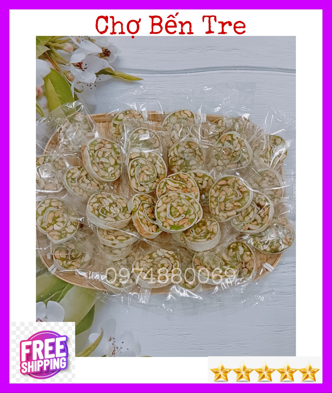 (FREESHIP)1kg Kẹo dừa dứa cuộn đậu phộng Bến Tre
