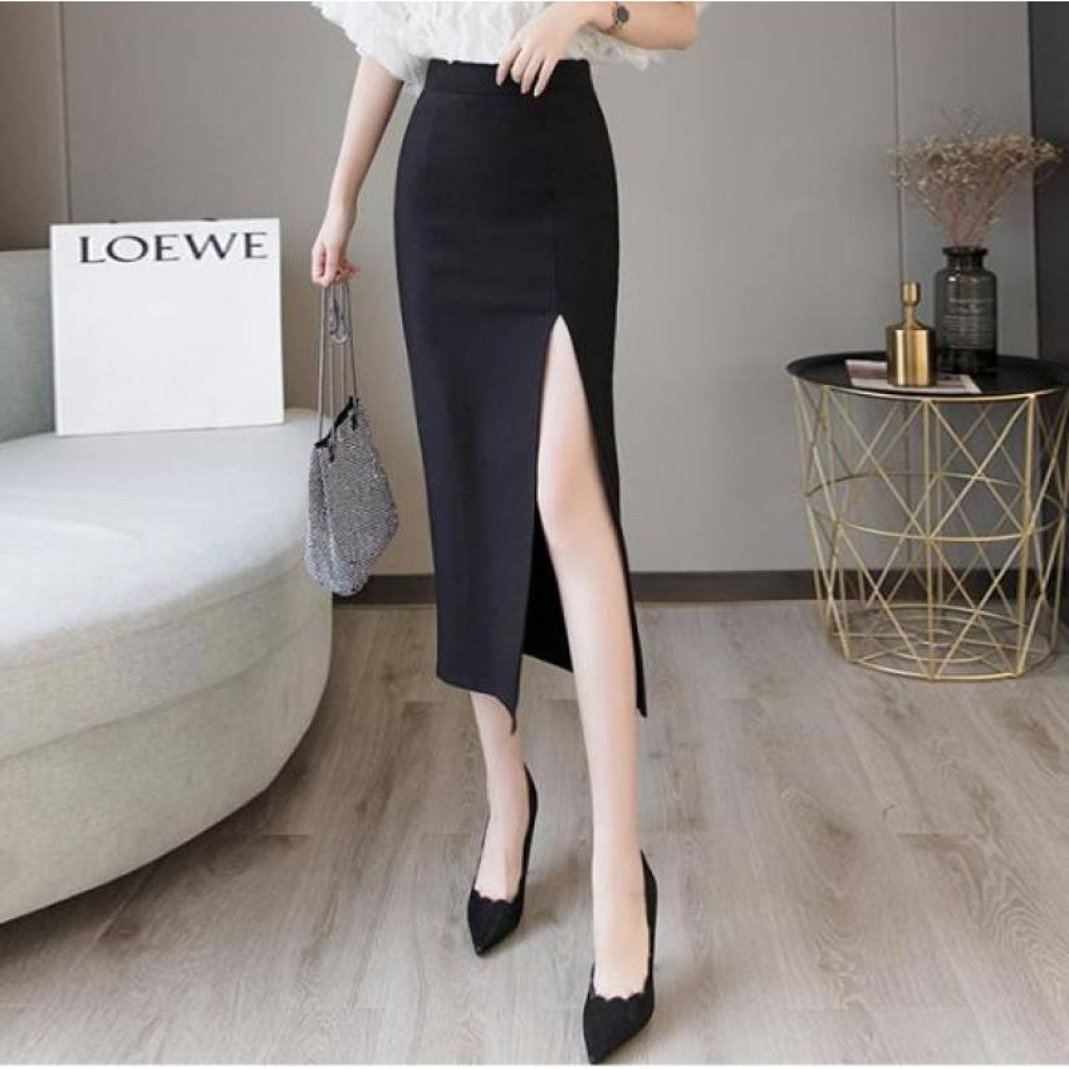 Chân váy công sở dài bigsize CR70V12 xẻ tà trước màu đen dài 70cm [size từ 48-85kg]