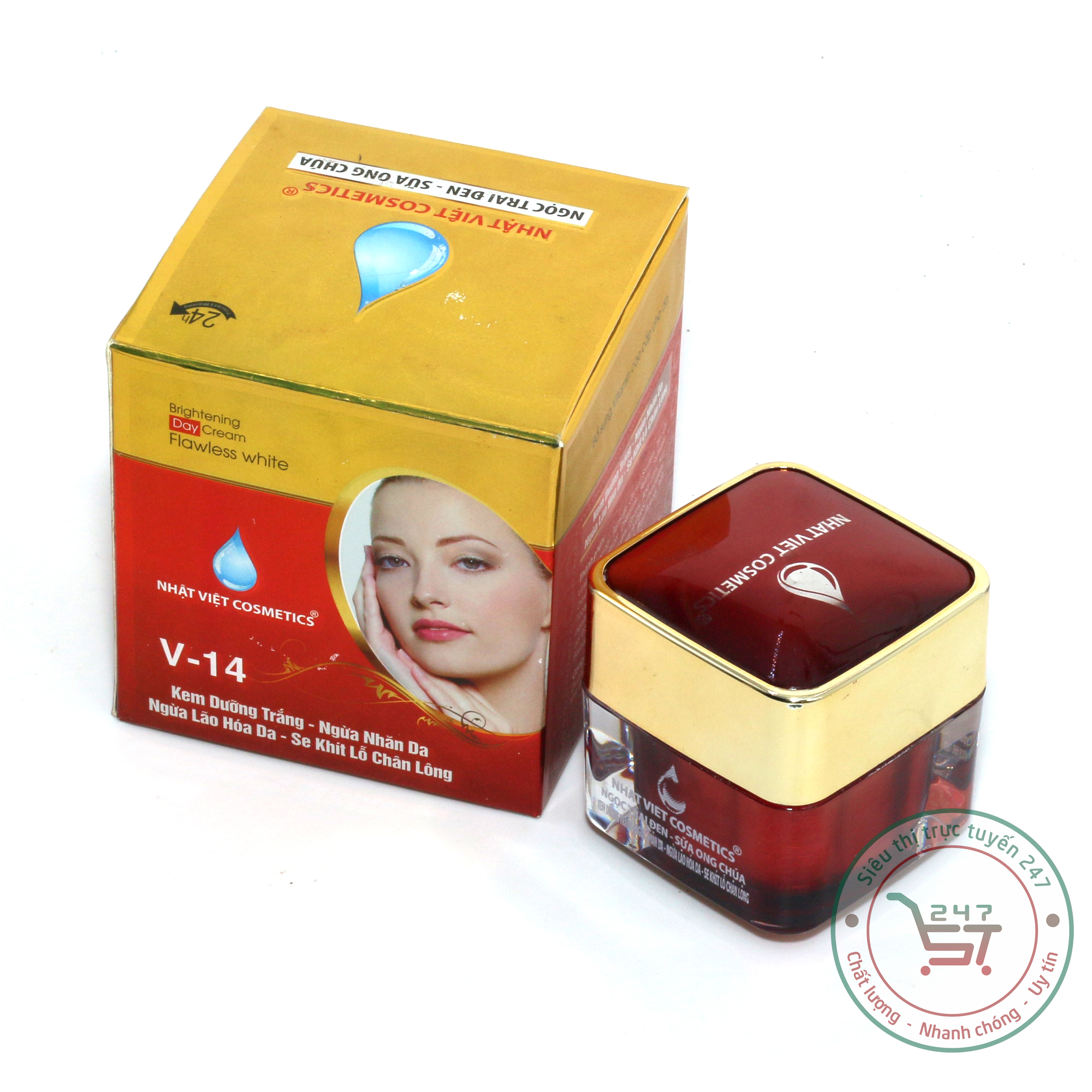 Kem dưỡng trắng da mặt chống lão hóa se khít lỗ chân lông Ngọc trai đen sữa ong chúa Nhật Việt V14 13g (đỏ-vàng)