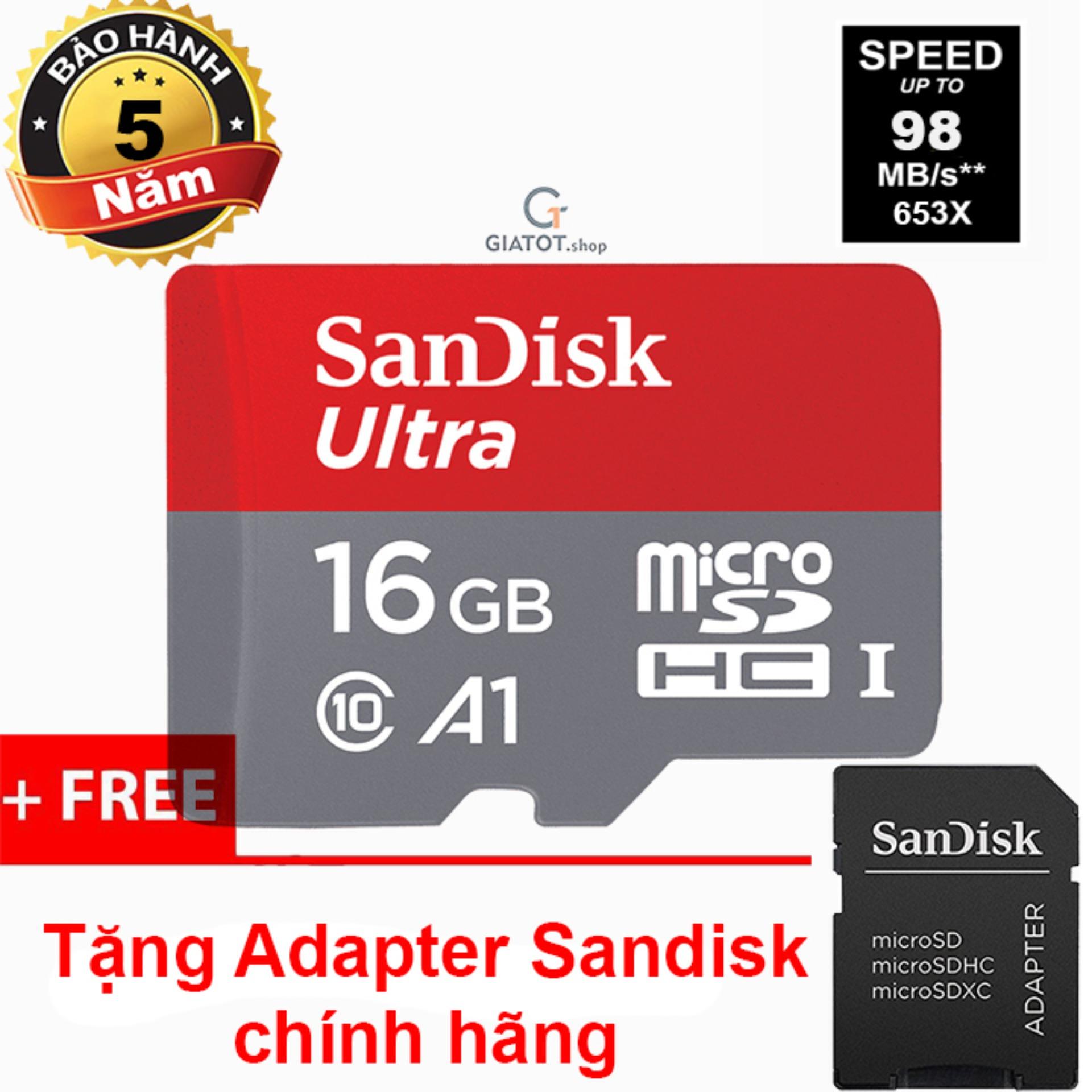 Thẻ nhớ microsdh sandisk ultra class10 a1 16gb 98mb/s tặng adapter