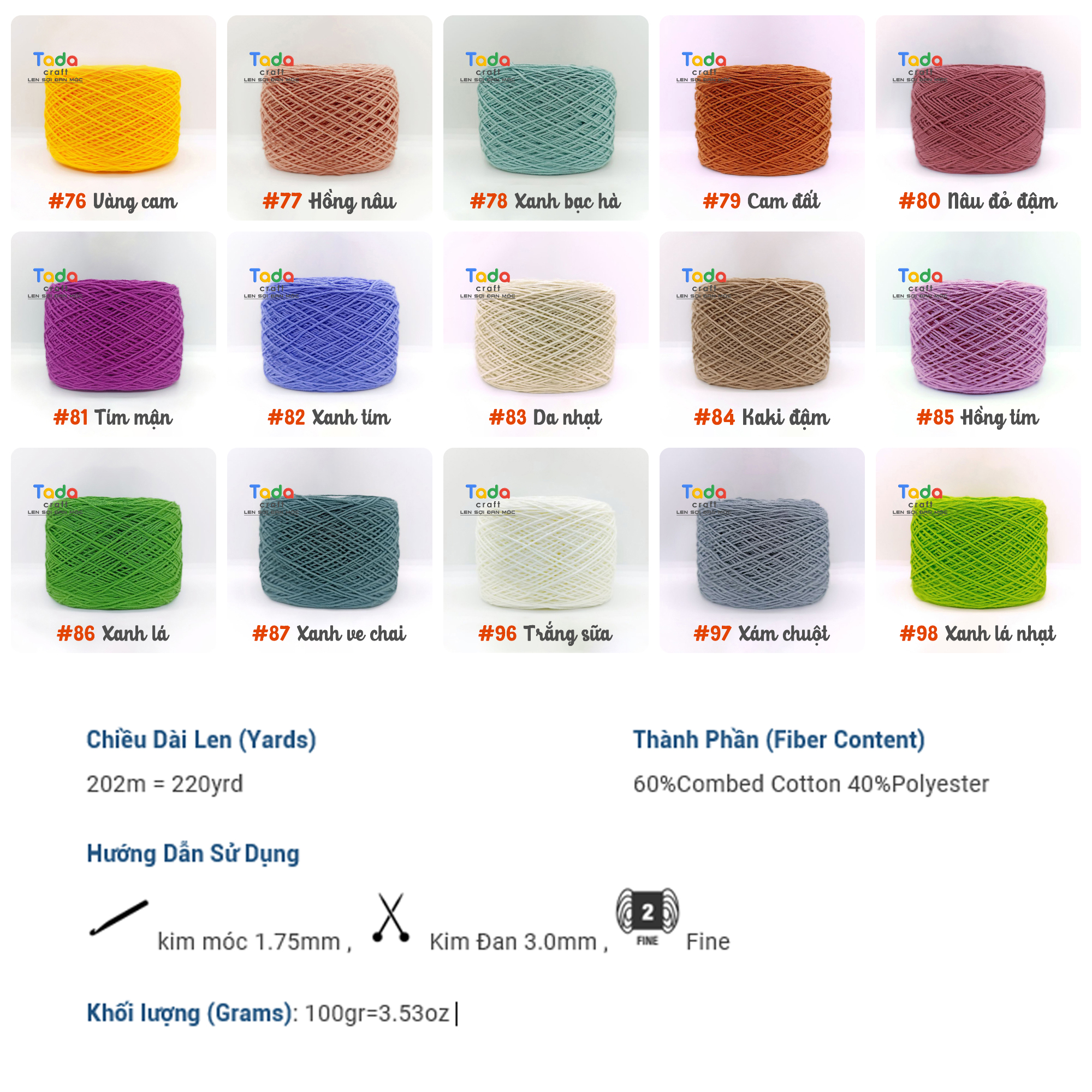 Sợi Cotton Việt Nam 1mm Cuộn 100g (Màu 51 đến 102)