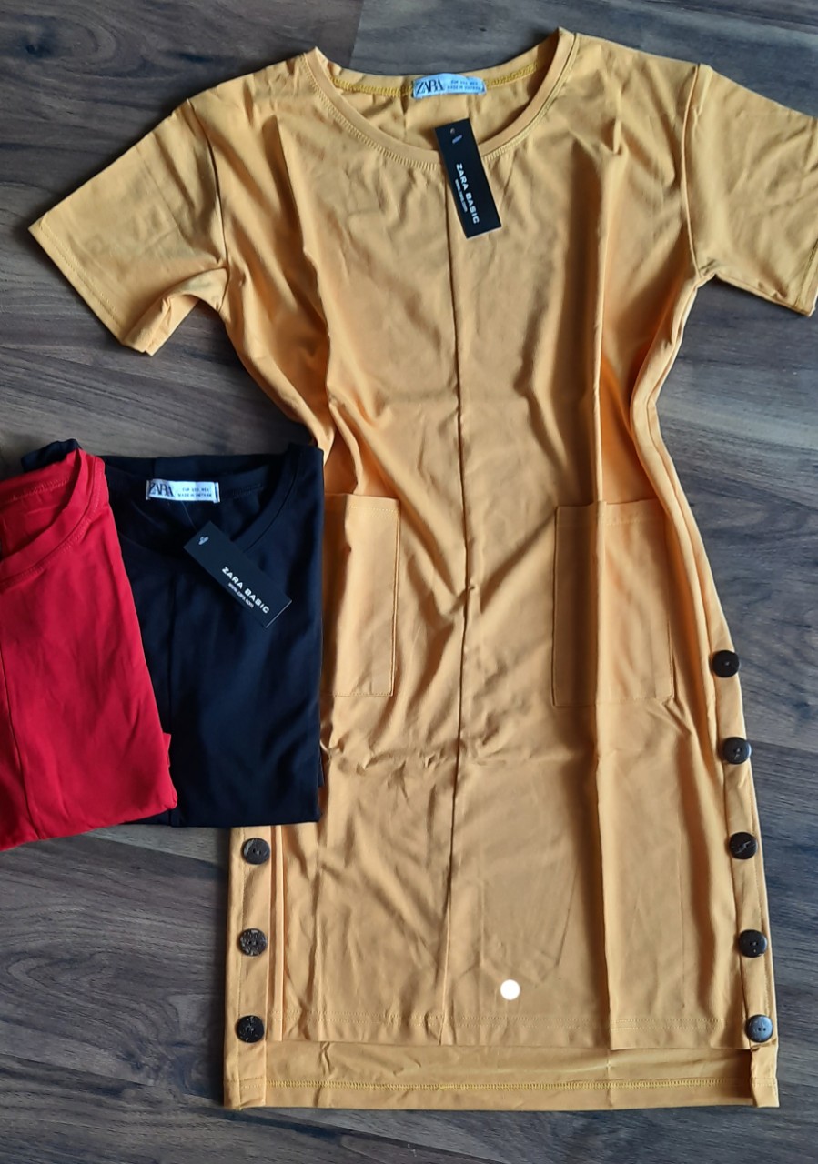 Đầm suông nữ phối nút , vải thun cotton ,HP Home