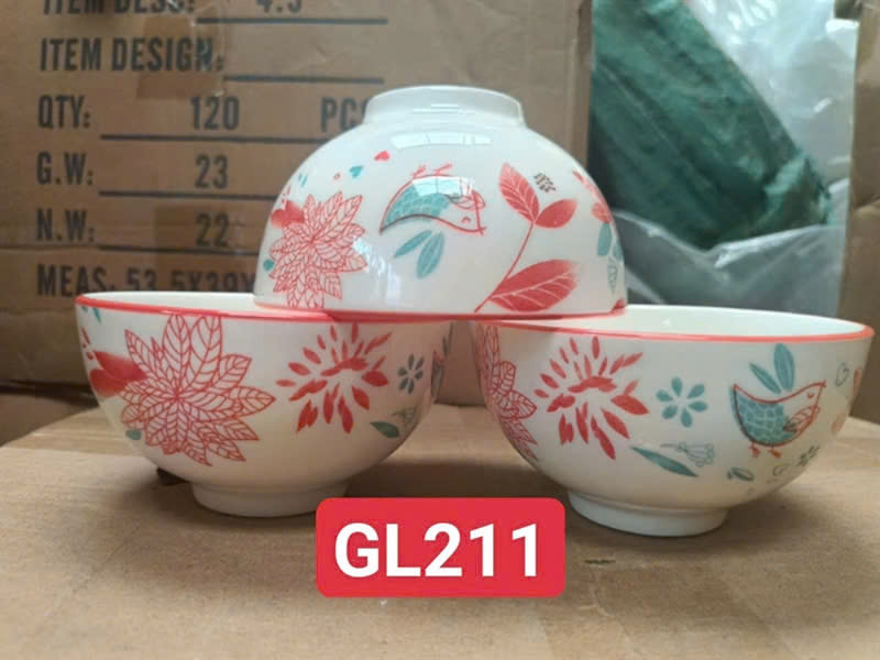 combo 10 chén sứ, 5 chén cơm sứ 11.5cm hoa văn chim đỏ GL211, chén cơm sứ trắng 11.5cm
