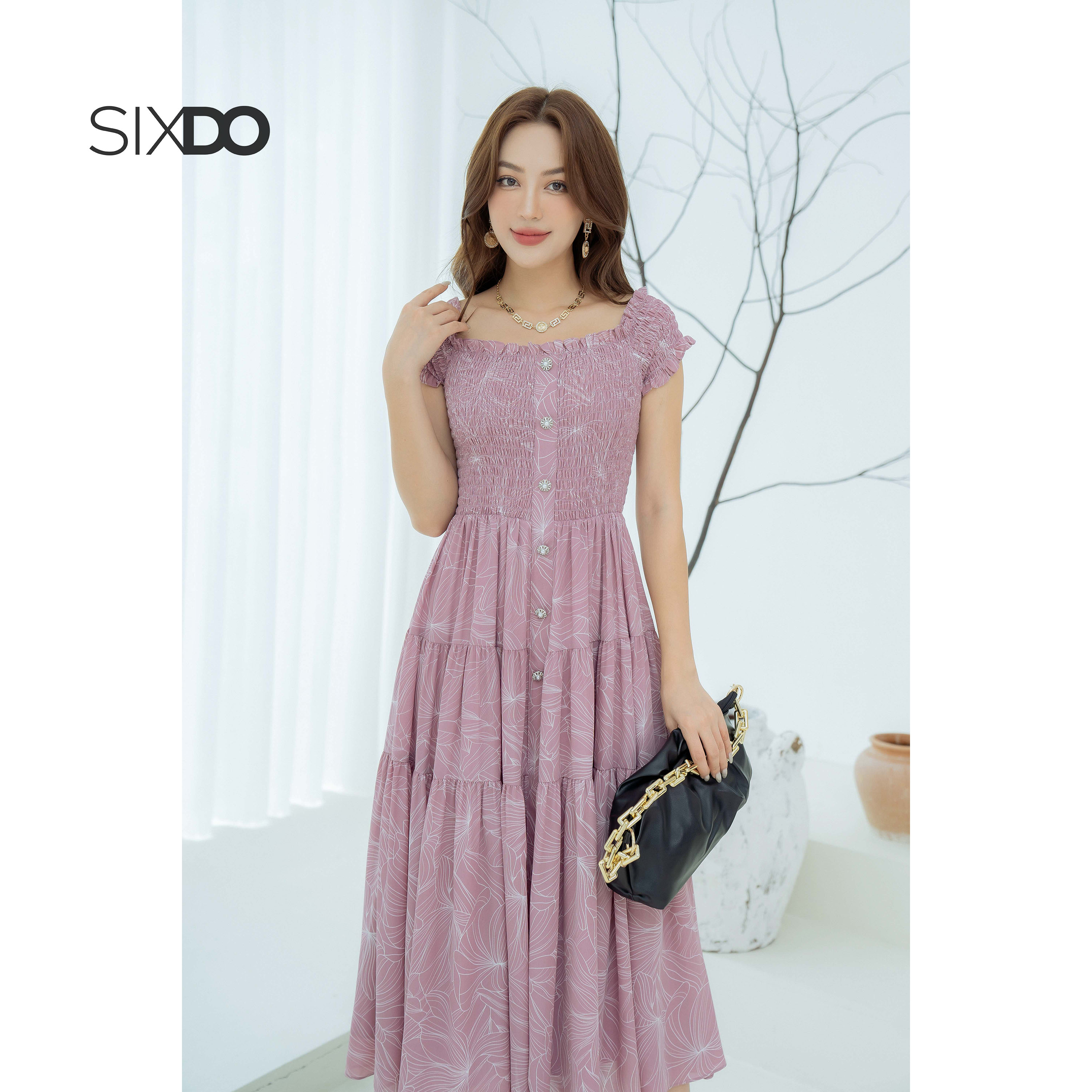 Đầm hoa chiffon midi SIXDO (Floral  Midi Chiffon Dress)