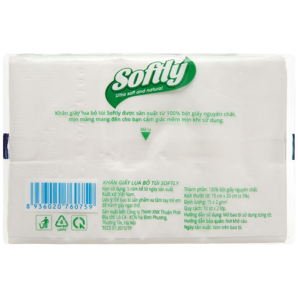 KHĂN GIẤY BỎ TÚI SOFTLY 10 TỜ - 2 LỚP - 6 GÓI (200 x 190 mm)