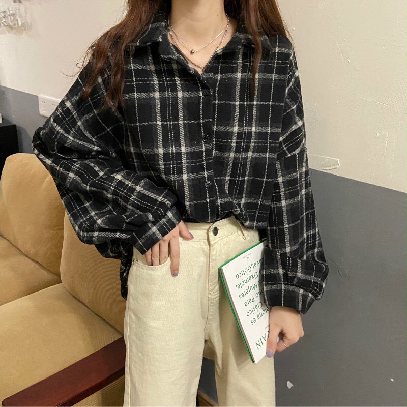 Áo sơ mi nữ kẻ sọc caro cổ bẻ không túi tay bồng nhẹ form rộng Hàn Quốc ZCITY