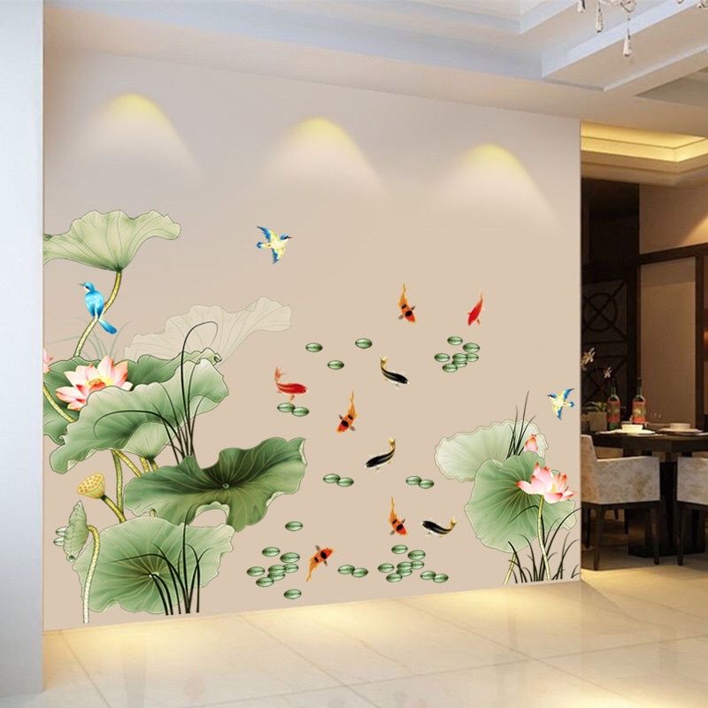 Decal dán tường chất liệu cao cấp đầm sen to và cá