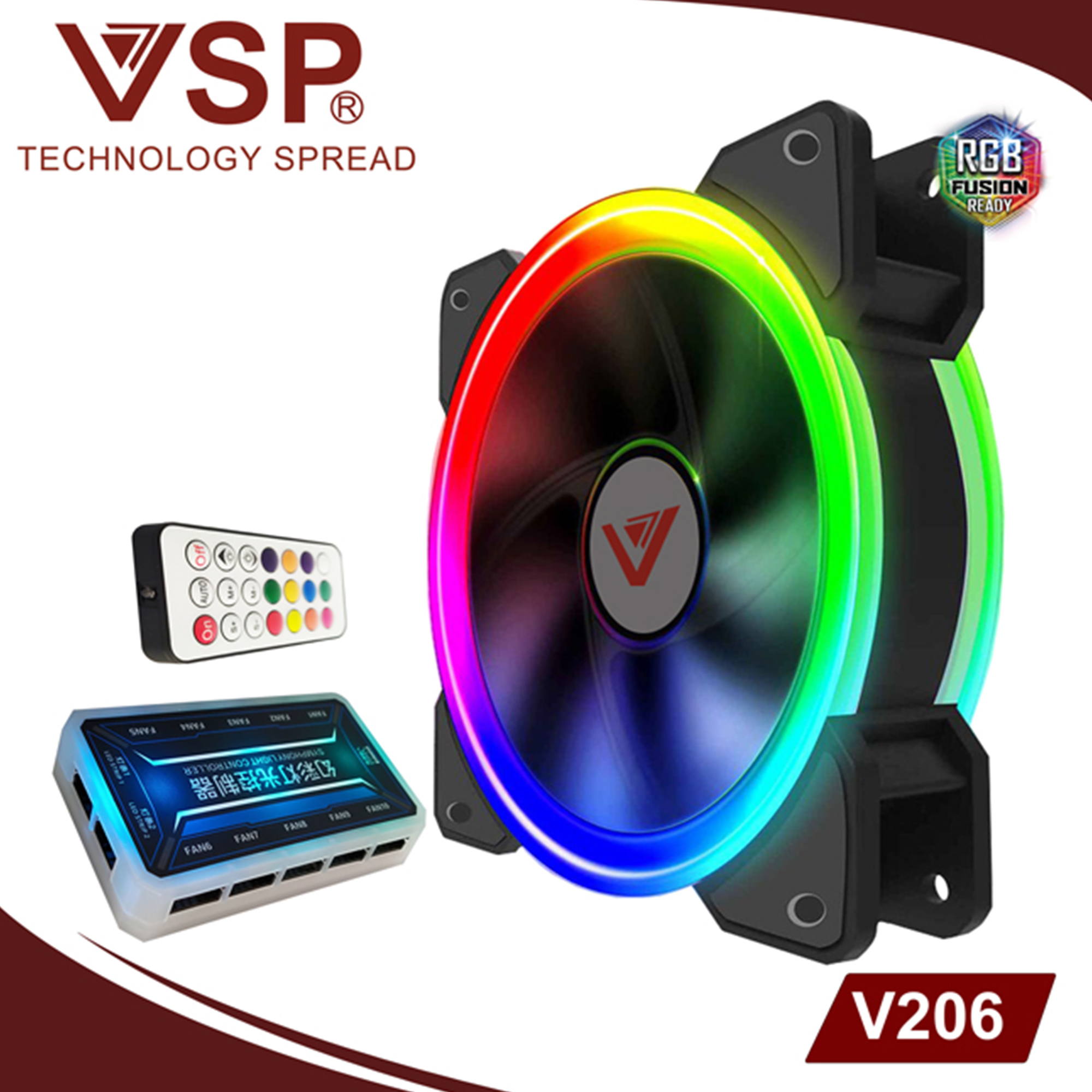 [HCM]Combo bộ 3 Fan led RGB 2 mặt VSP V206B +Hub + Remote