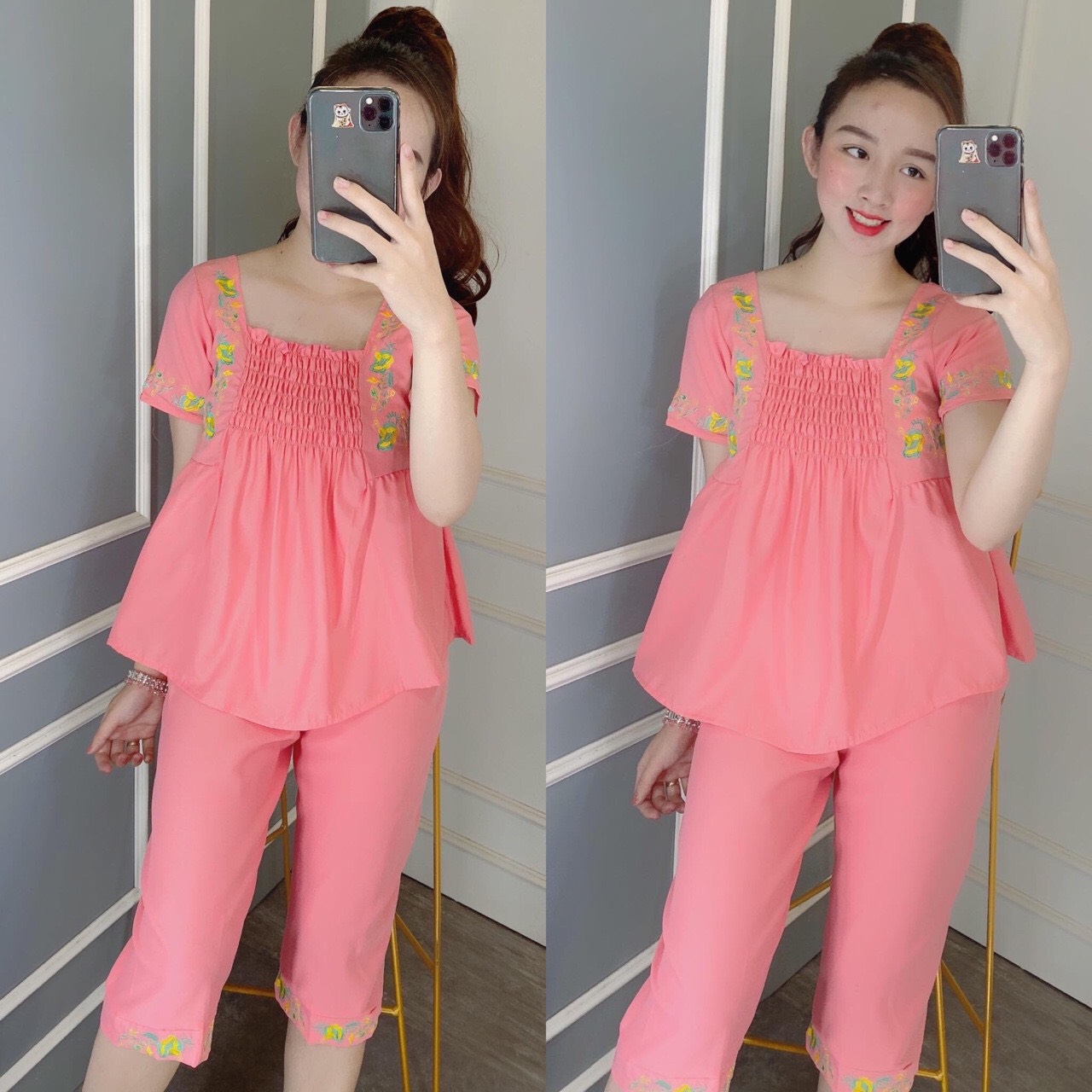 Đồ Bộ nữ lửng lụa thêu chất đẹp+ ảnh thật