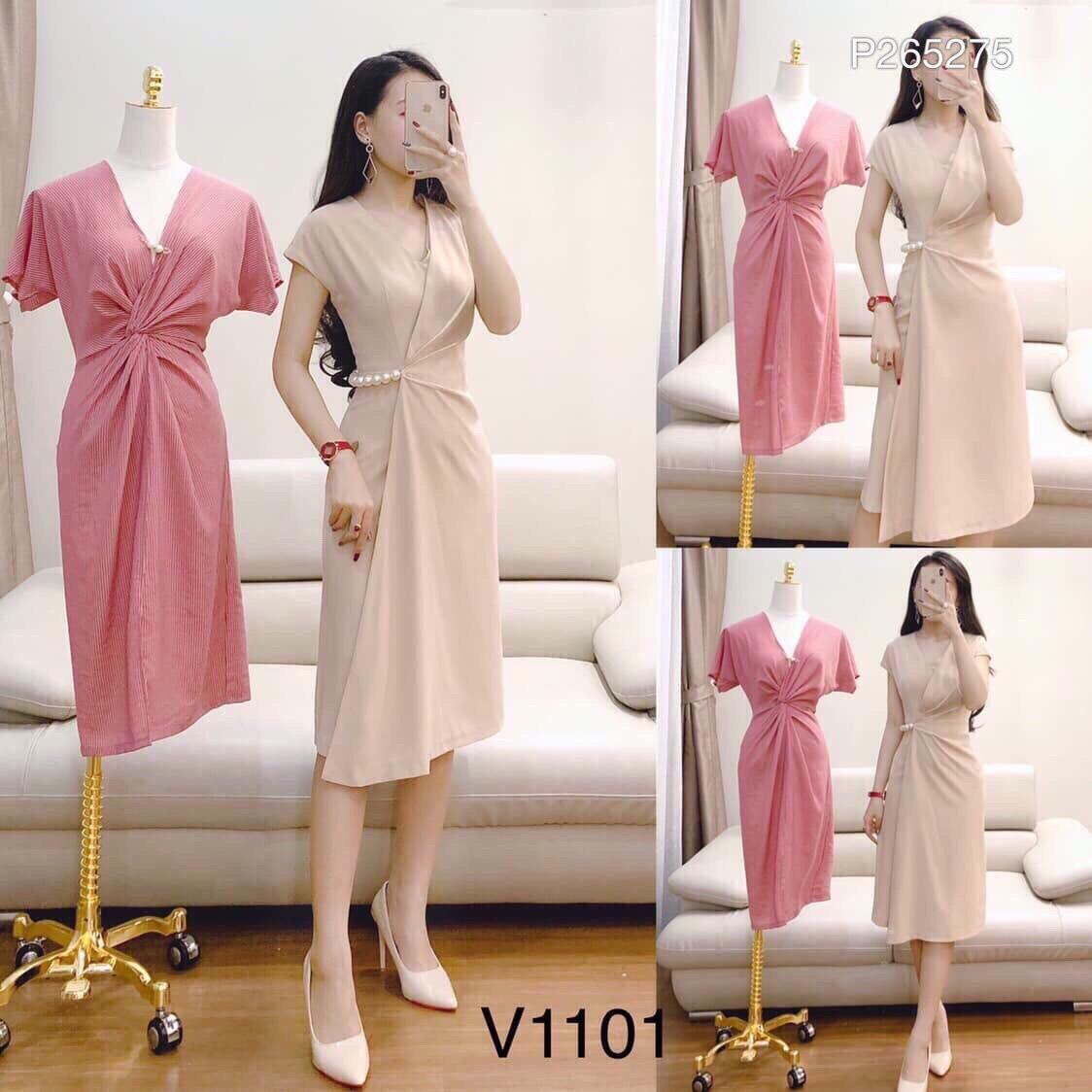 Đầm suông cộc tay đính cườm chất kate lụa màu nude