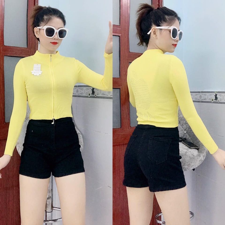 [HCM]Áo khoác len croptop dây kéo đôi đính hạt sau lưng