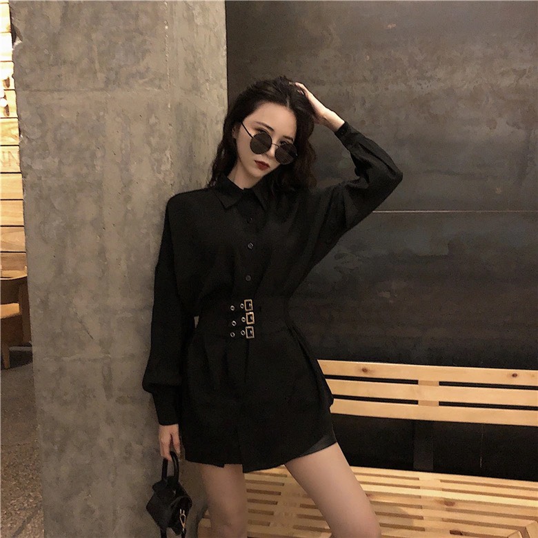 Áo sơ mi đen nữ dáng dài giấu quần có đai