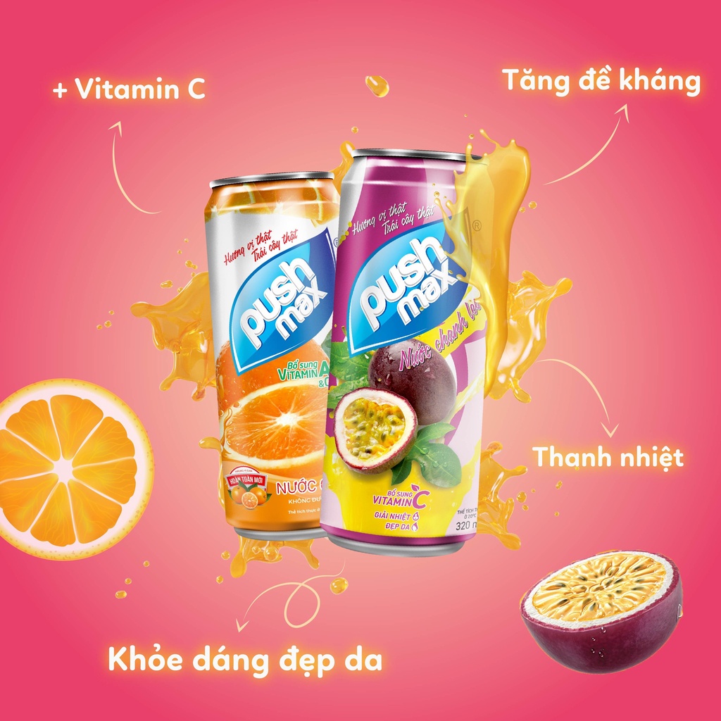 Thùng 24 Lon Nước Trái Cây Cam Ép Pushmax (320ml x 24 Lon)