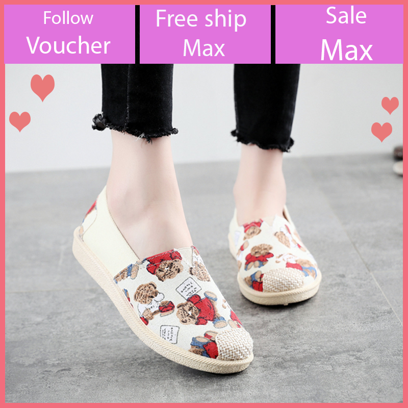 Giầy lười nữ vải đẹp đi bộ êm chân, giầy slip on vải đế mềm, giầy vintage họa tiết đẹp V276
