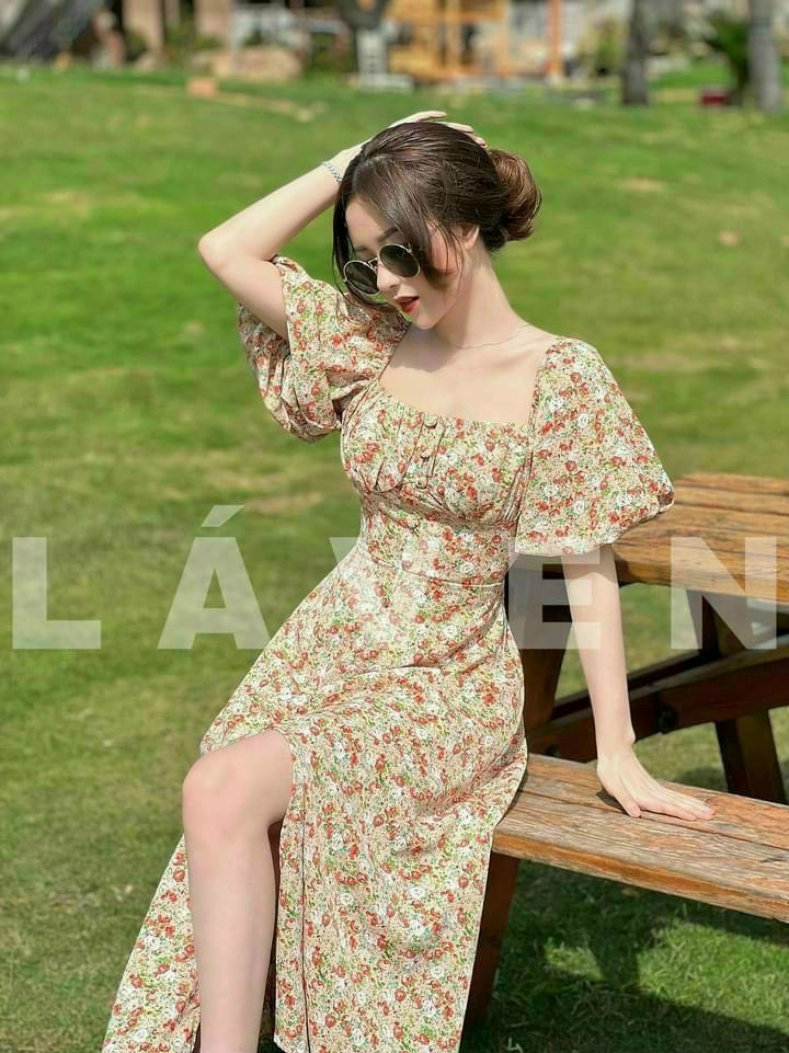 Đầm lụa hoa thời trang nữ, đầm voan hoa nhí cổ vuông có mút