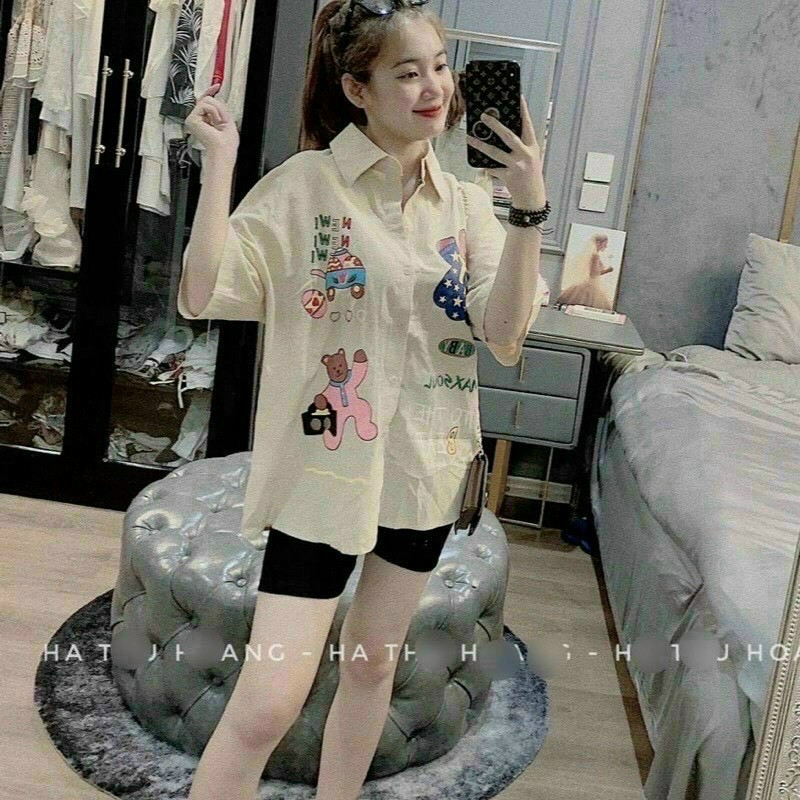 Sét quần ngố áo sơmi in gấu siêu cute