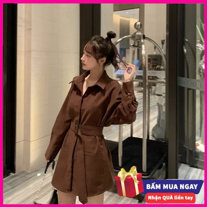 Váy Sơ Mi Suông Quảng Châu Kèm Đai Thắt Eo Cá Tính