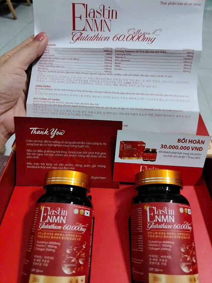 Viên Uống Elastin NMN Glutathione 60.000mg (Hộp 2 Lọ 60 Viên)