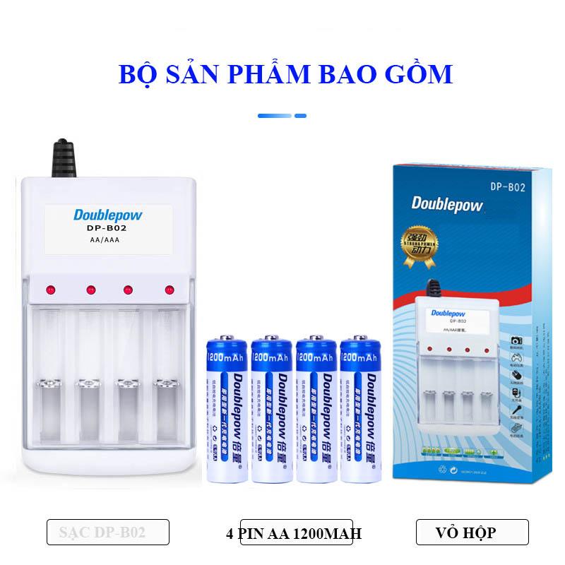 [B02+4AA1200] Bộ sạc pin sạc pin AA, AAA 4 cổng Double Pow DP-B02 + 04 viên pin tiểu sạc lại AA 1200mAh