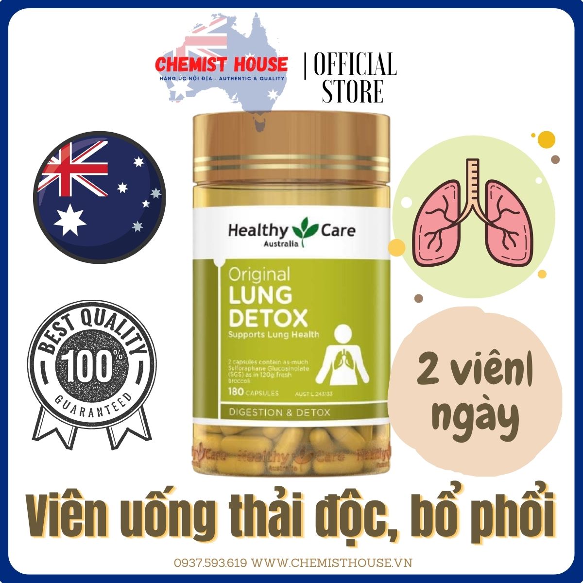 Hàng chuẩn Úc Viên uống bổ phổi Úc - Healthy Care Original Lung Detox 180