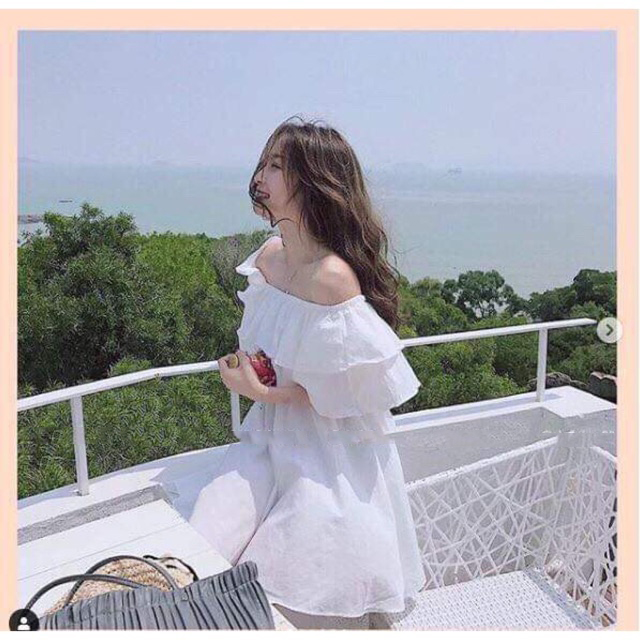 Váy trắng trễ vai bèo chun eo dễ thương