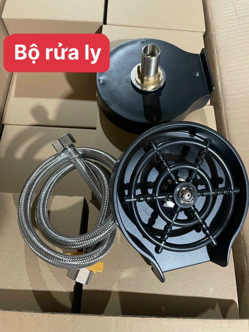 Dụng cụ rửa ly rửa cốc cao cấp nhập khẩu. Bộ dụng cụ rửa ly cốc vòi phun nước tự động water wheel washer inox 304