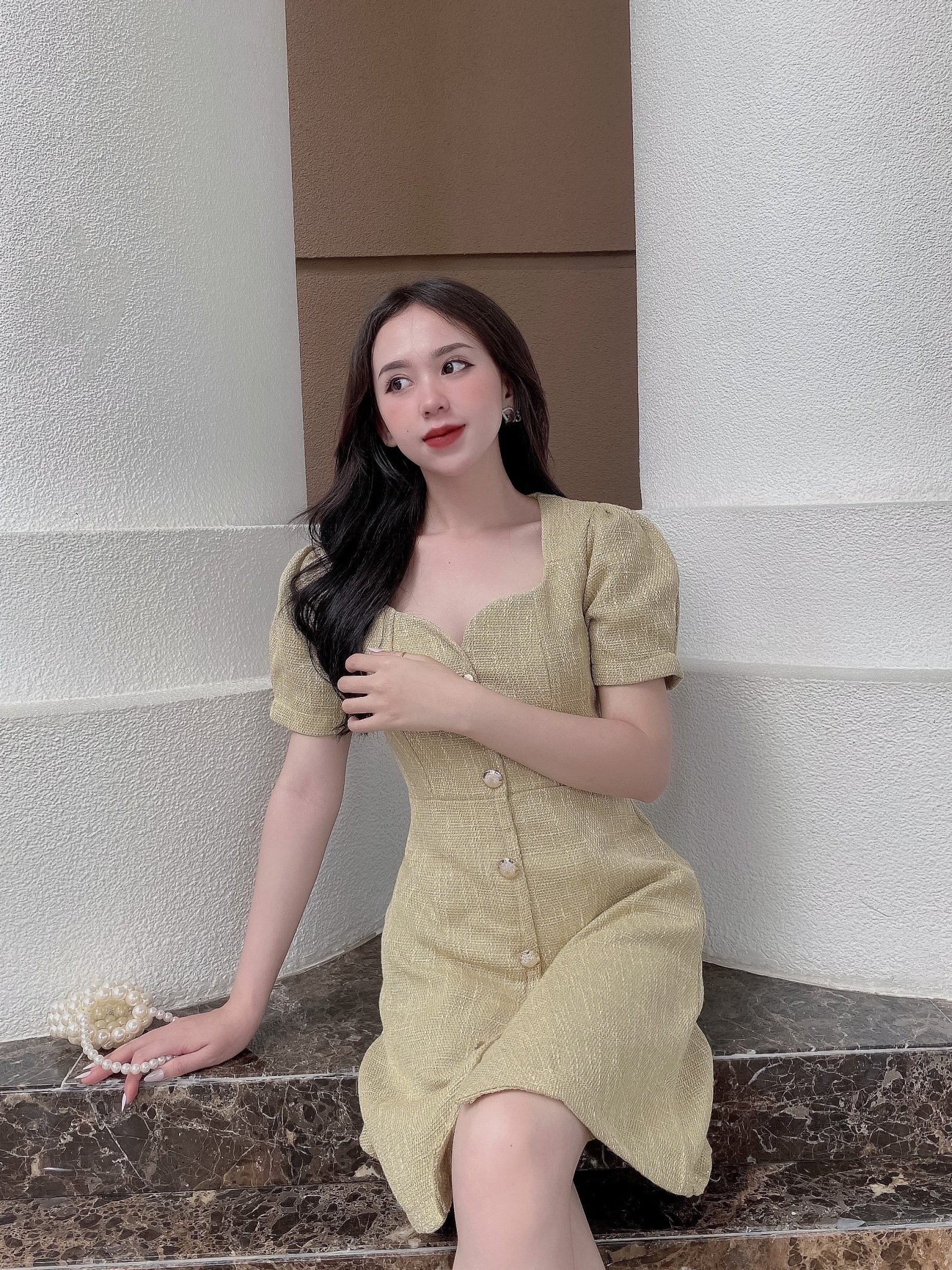 Đầm bố nút vàng DB19 siêu sanh chảnh