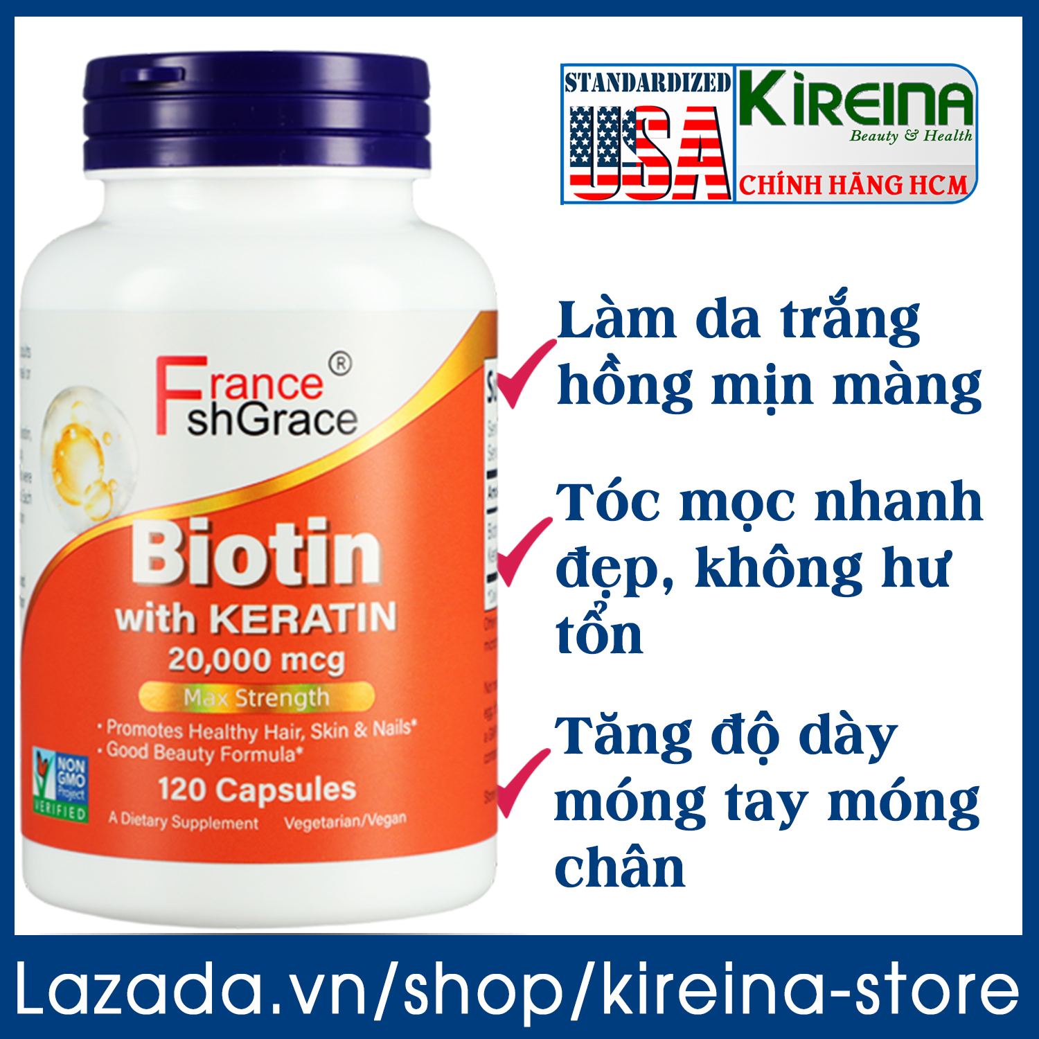 Viên uống Biotin 20.000 mcg với Keratin 100 mg làm khỏe da tóc móng 120 viên